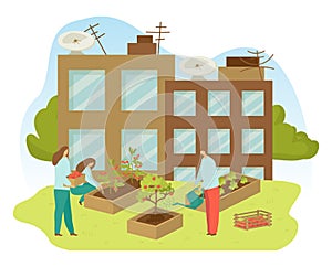 People character together cultivate green organic garden, male female care square flat vector illustration, isolated on