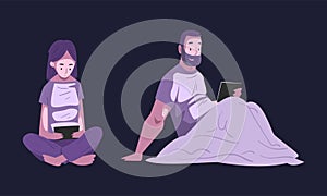 People Character Using Digital Gadget at Night Sitting on Bed Under Blanket Vector Set