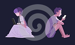 People Character Using Digital Gadget at Night Sitting on Bed Under Blanket Vector Set