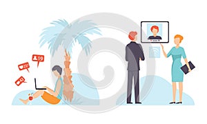 People Character Using Global Network Connection in Social Media and Video Call Vector Set