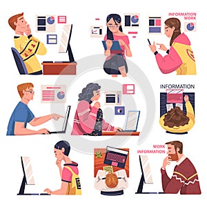 People Character Working with Information Sitting at Laptop Analyzing Data Vector Illustration Set