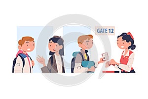 People Characters at the Airport Gate with Luggage Boarding Plane Vector Illustration