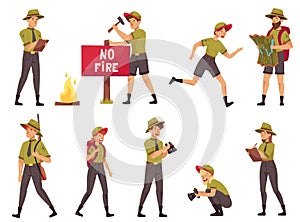 People Characters as Park Ranger or Forest Rangers Protecting and Preserving National Parklands Vector Set