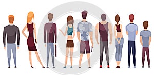 People characters back view. Young human persons. Vector peoples standing illustration. Cartoon man and woman. Adult