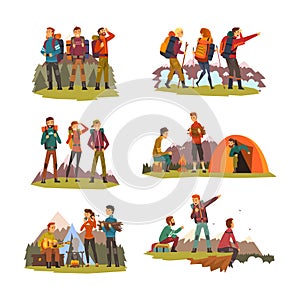 People Characters with Backpack Engaged in Hiking and Trekking Having Camp Adventure Vector Set