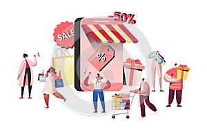 People characters buying in online store and smartphone screen. Website shopping, mobile marketing concept, e-commerce