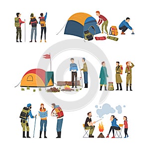 People Characters Camping Putting Up Tent and Hiking with Backpack Vector Set