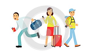 People Characters Carrying Luggage and Holding Tickets Vector Illustration Set