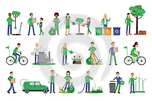 People Characters Contributing into Environment Preservation by Recycling and Sorting Trash Vector Illustration Set