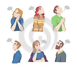 People Characters Daydreaming and Fantasizing Imagining Something in Their Head Vector Illustration Set