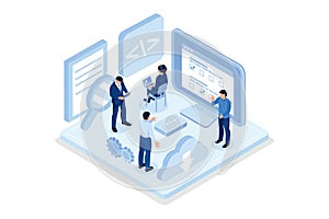 People characters developing software and sending data to cloud storage. Developers team programming and writing program code.