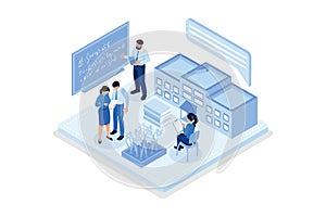 People characters developing software and sending data to cloud storage. Developers team programming and writing program code.