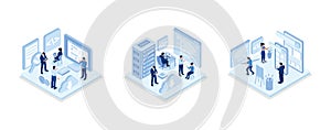People characters developing software and sending data to cloud storage, Developers team programming and writing program code on