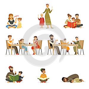 People characters of different religions set. Jews, Catholics, Muslims religious activities. Flat cartoon vector photo