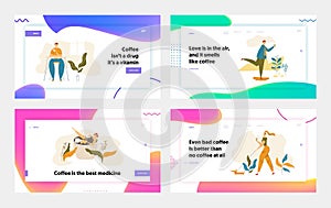 People Characters Drinking Coffee Landing Page Set. Man Skateboarding with Cup of Tea. Woman Walking with Dog