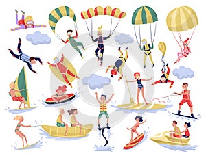 People Characters Engaged in Extreme Water Sport Activity Big Vector Set