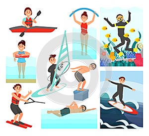 People Characters Enjoying Water Sport Surfboarding, Skiing, Swimming and Diving Big Vector Set