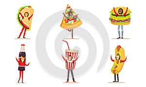 People Characters In Fast Food And Snacks Costumes For Menu Or Banners Vector Illustration Set Isolated On White