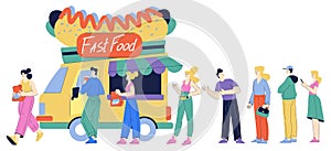 People Characters at Food Truck Take Order at Counter Standing in Queue Vector Illustration