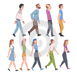 People Characters Going and Walking with Different Gait Side View Vector Illustration Set