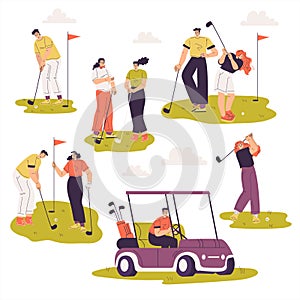 People Characters Golf Playing Training with Golf Clubs on Green Grass Vector Illustration Set