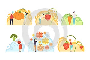 People Characters Harvesting Huge Vegetables and Fruits from Garden Vector Set