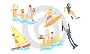 People Characters Having Summer Vacation at Seaside Playing and Having Fun with Water Sport On the Beach Vector