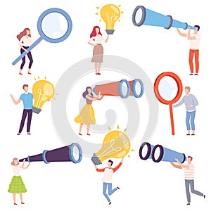 People Characters Holding Big Objects Like Light Bulb and Magnifying Glass Vector Illustration Set