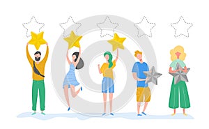 People characters holding gold stars. Men and women rate services and user experience. Juries rating in the competition