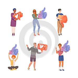 People Characters Holding Thumb Up and Down Sign as Notification of Approval and Disapproval Vector Illustration Set