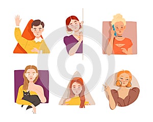 People Characters Looking Out of Window of Geometrical Shape Vector Set