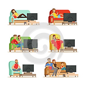 People Characters Lounging on Sofa or in Armchair Watching TV Vector Illustration Set