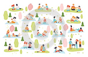 People Characters at Picnic Sitting on Grass and Blanket Enjoying Food and Nature Big Vector Set