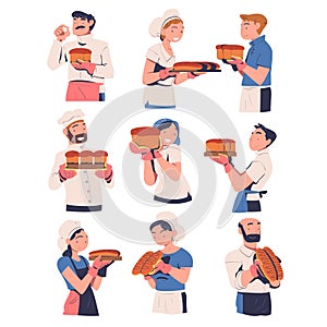 People Characters Producing Bread Pastry Holding Fresh Baked Product Vector Set