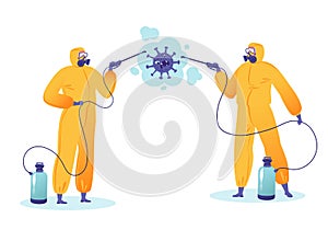 People characters in protective suits, respirator spray antibacterial liquid on the Covid19 virus