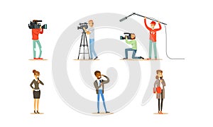 People Characters Shooting News and Journalists Doing Reportages Vector Set photo