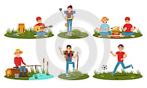 People Characters Spending Time At Summer Camp In Deep Forest. Cartoon Flat Vector Illustration