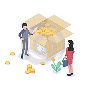 People characters stand near boxes with coins and money. The concept of increasing revenue growth and profits. Woman is