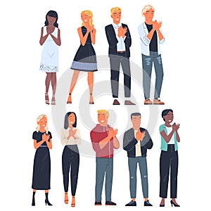 People Characters Standing Clapping Their Hands as Applause and Ovation Gesture Vector Illustration Set