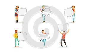 People Characters Standing and Holding Speech Bubbles Vector Set