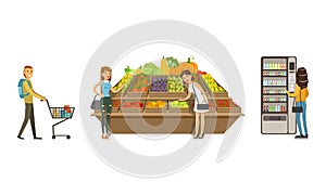 People Characters in Supermarket with Shopping Cart Buying Grocery Products Vector Illustration Set