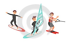 People Characters Surfboarding and Water Skiing Vector Illustration Set