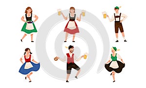 People Characters in Traditional Bavarian Costumes Carrying Beer Mug and Dancing Vector Illustration Set