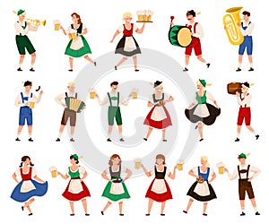 People Characters in Traditional Bavarian Costumes Playing Musical Instrument and Carrying Beer Mug Big Vector Set