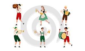 People Characters in Traditional Bavarian Costumes Playing Musical Instrument and Carrying Beer Mug Vector Illustration