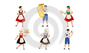 People Characters in Traditional Bavarian Costumes Playing Musical Instrument and Carrying Beer Mug Vector Illustration