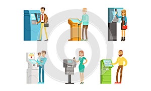 People Characters Using Electronic Self Service Terminal Performing Payment and Receive Money Vector Illustration Set