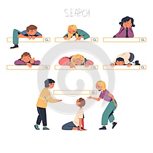 People Characters Using Search Bar Looking For Information Online Vector Set