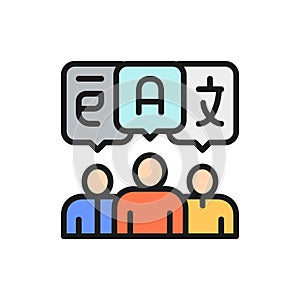 People with chat bubbles, foreign language, conversation flat color line icon.