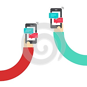 People chatting with mobile phones vector, hands with smartphones and messages chat, messaging with cellphone, sms